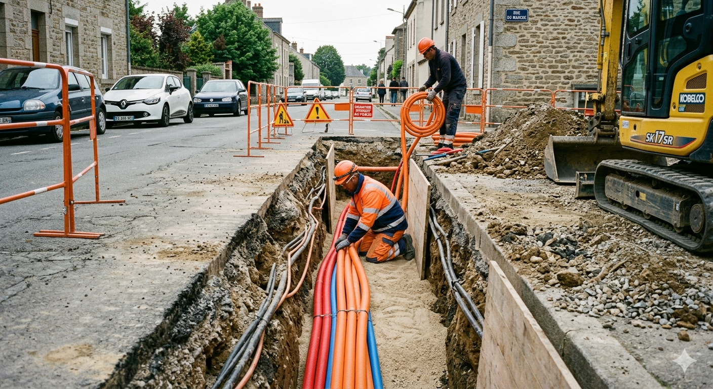 Tranchée et pose de fourreaux pour réseau souterrain