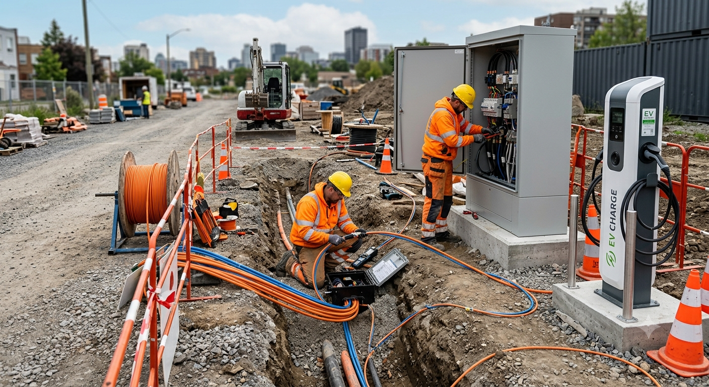 Technicienne DCE services lors d'un raccordement de fibre optique sur armoire de rue