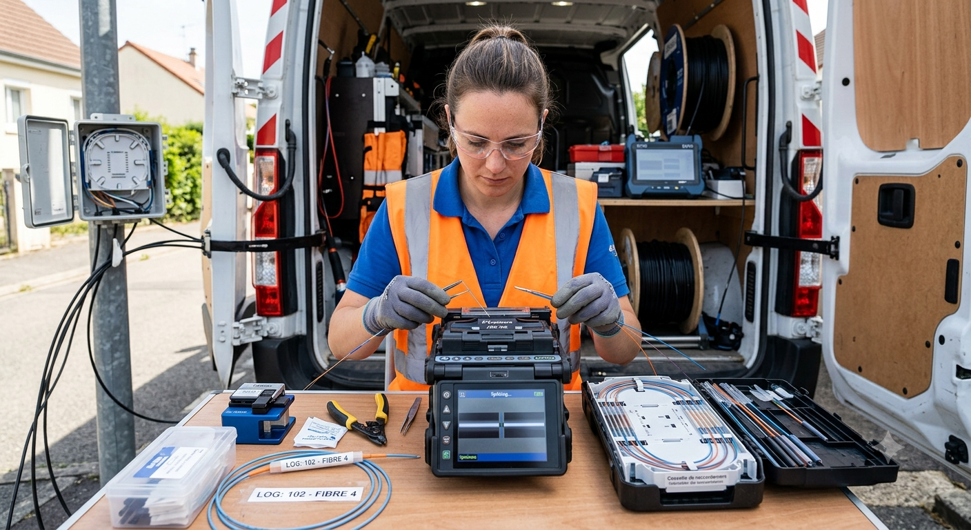 Raccordement et soudure de fibre optique en cours d'intervention